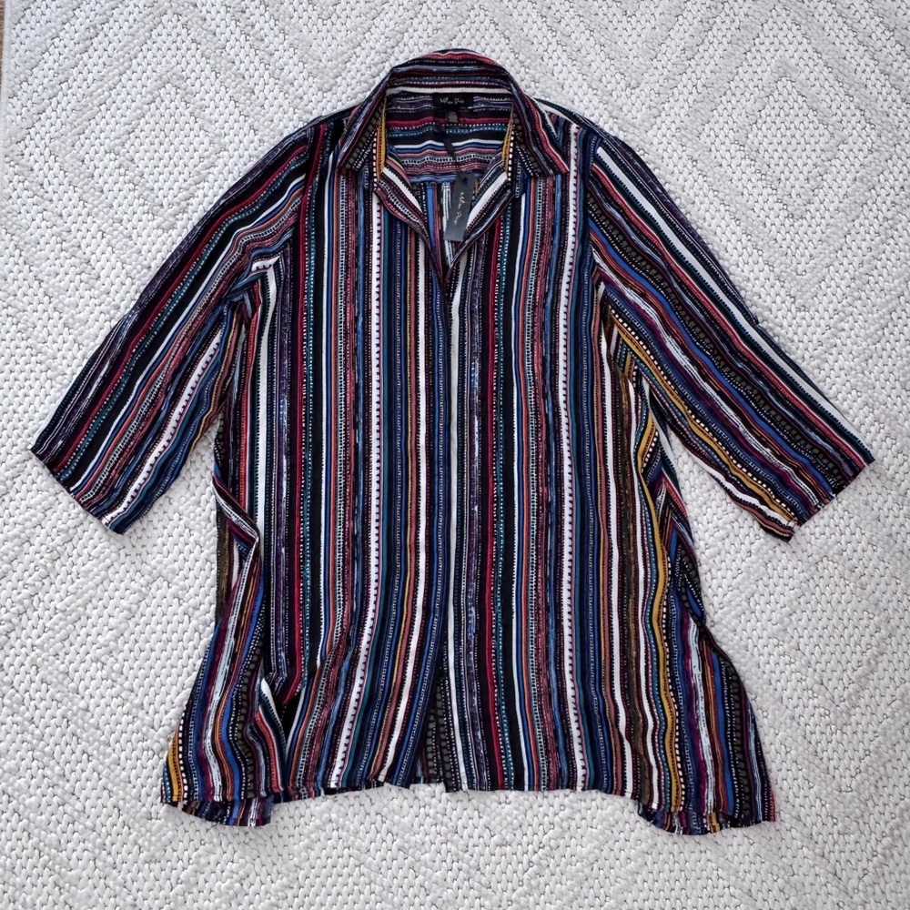 Melissa Paige Vertical Striped Button Down Blouse with Button Up Arms